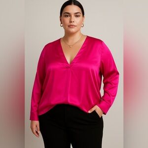 Banana Republic Hot Pink V-Neck Blouse/XL/Long Sleeve Silky Top
